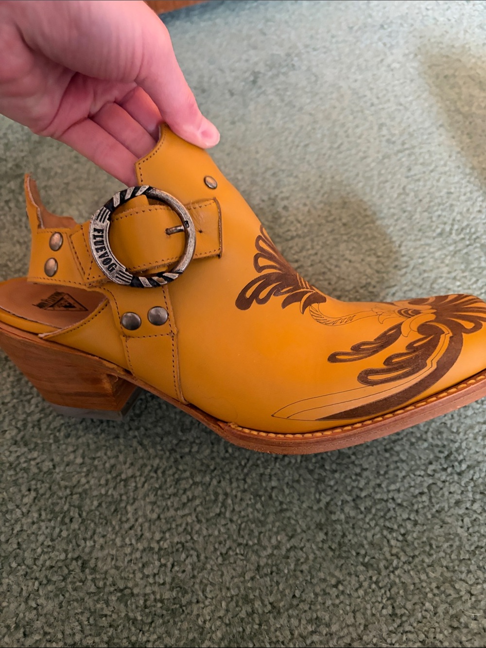 John Fluevog Mustard Leather Floral-Tooled Mule Clogs with Buckle - Picture 4 of 6